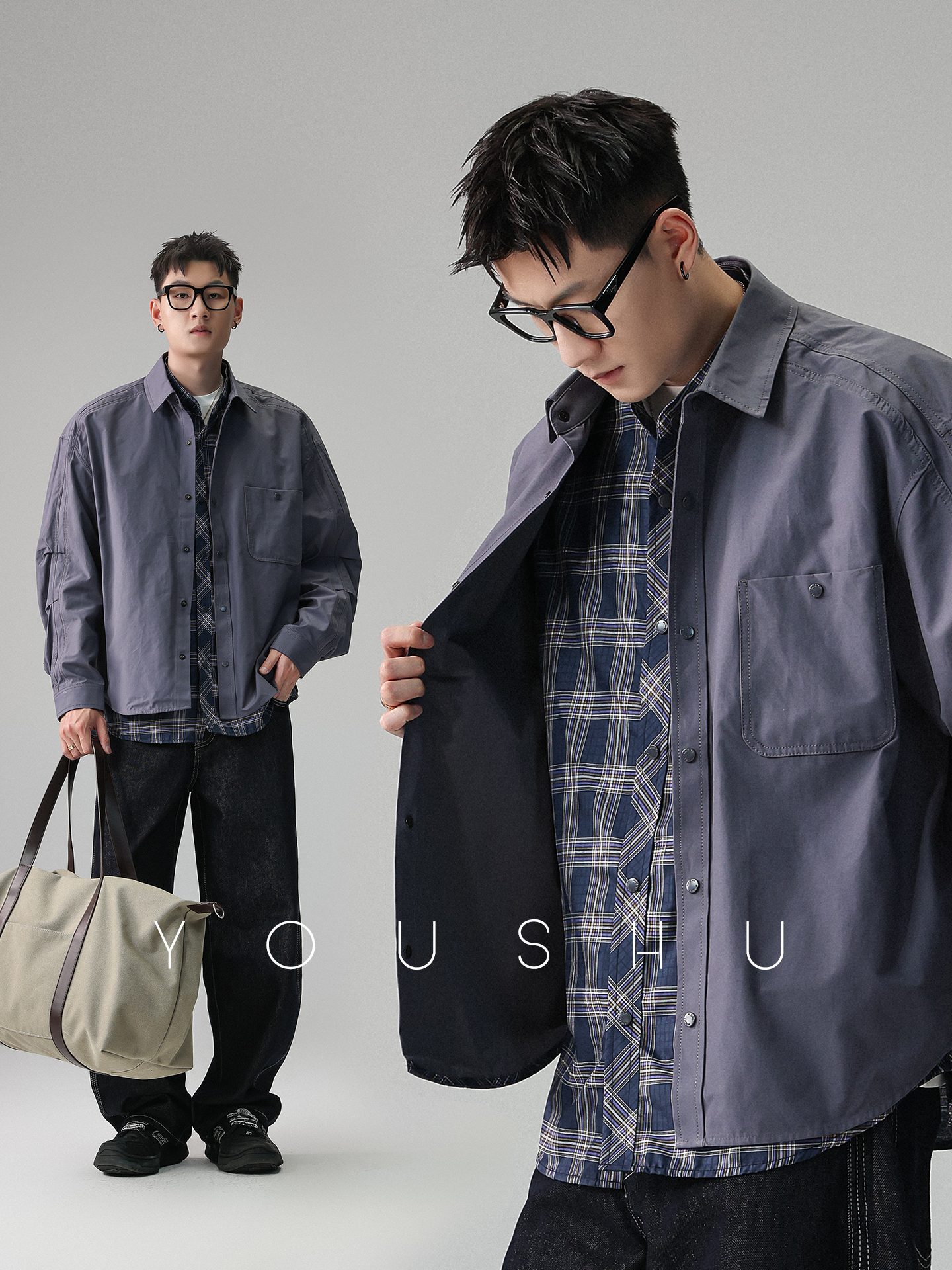 YS 工裝格子長袖假兩件襯衫 寬鬆外套 休閒穿搭