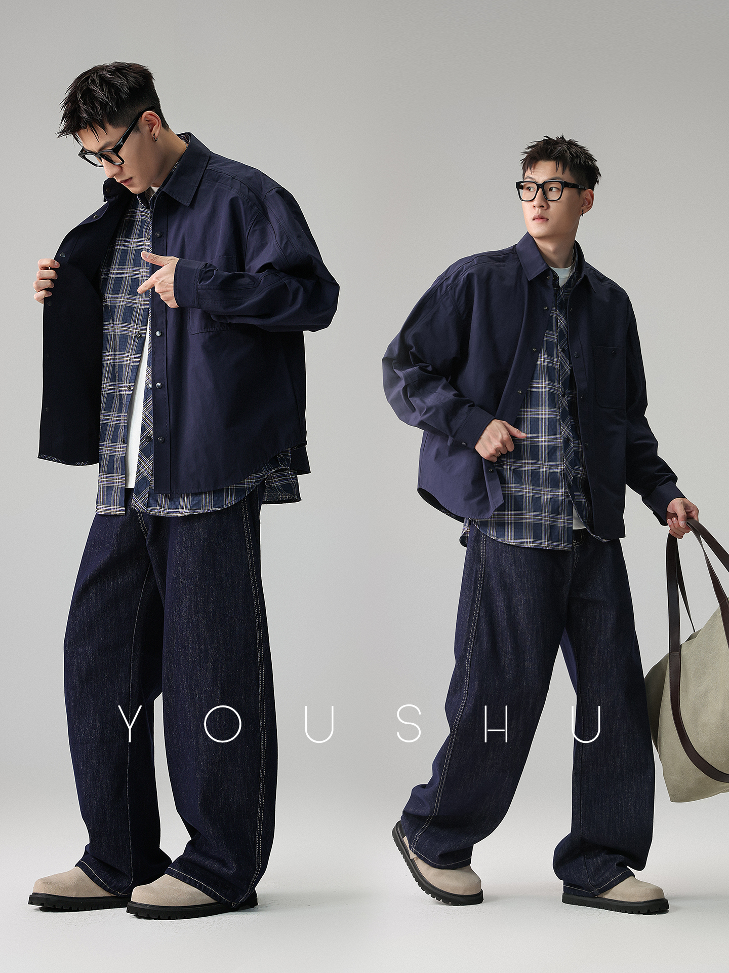 YS 工裝格子長袖假兩件襯衫 寬鬆外套 休閒穿搭