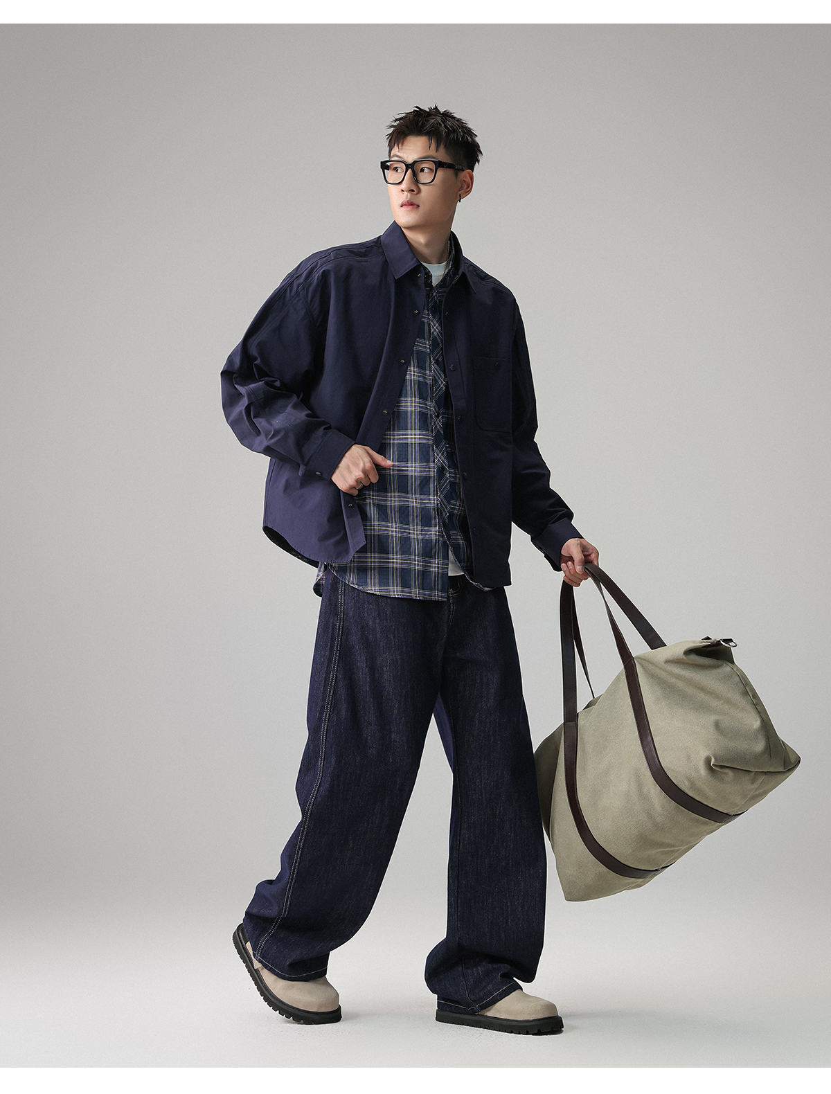 YS 工裝格子長袖假兩件襯衫 寬鬆外套 休閒穿搭