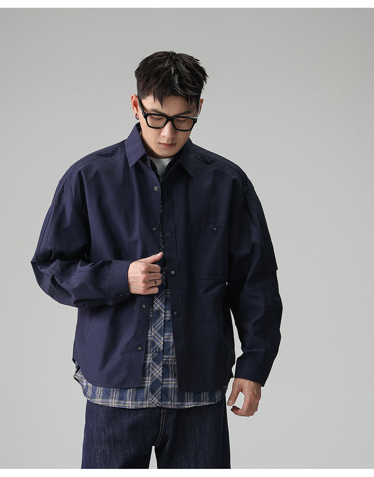 YS 工裝格子長袖假兩件襯衫 寬鬆外套 休閒穿搭