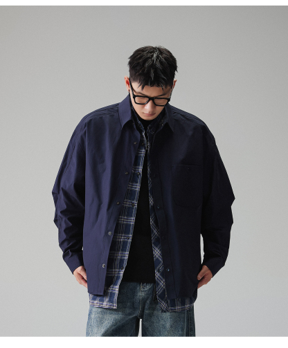 YS 工裝格子長袖假兩件襯衫 寬鬆外套 休閒穿搭