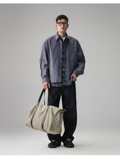 YS 工裝格子長袖假兩件襯衫 寬鬆外套 休閒穿搭