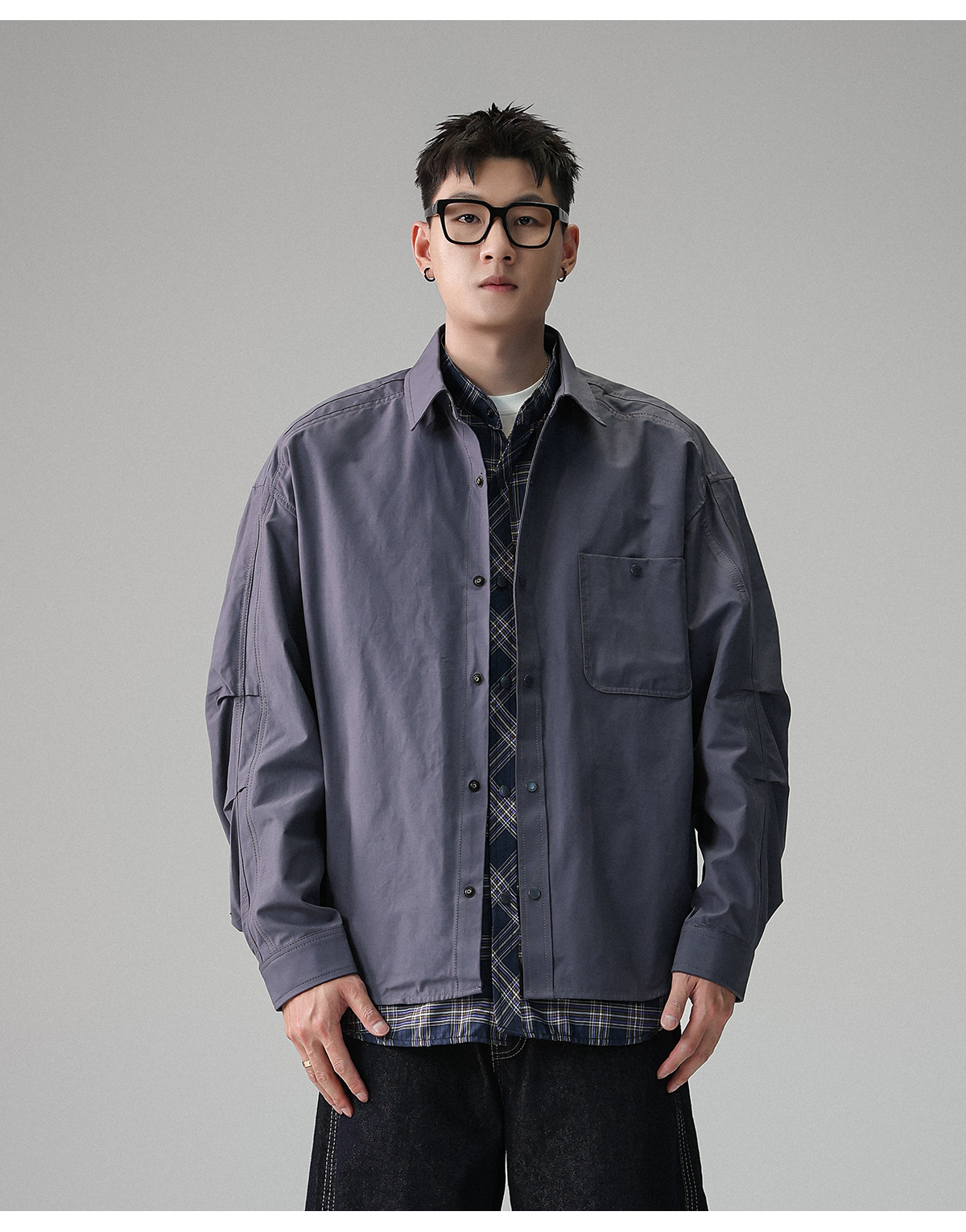 YS 工裝格子長袖假兩件襯衫 寬鬆外套 休閒穿搭