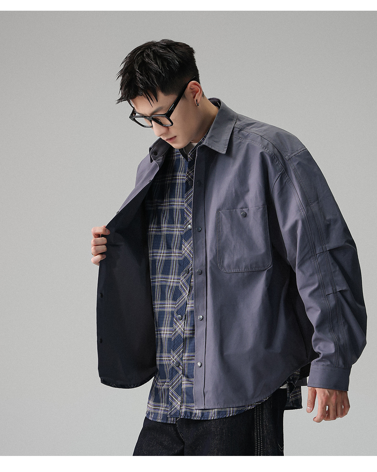 YS 工裝格子長袖假兩件襯衫 寬鬆外套 休閒穿搭