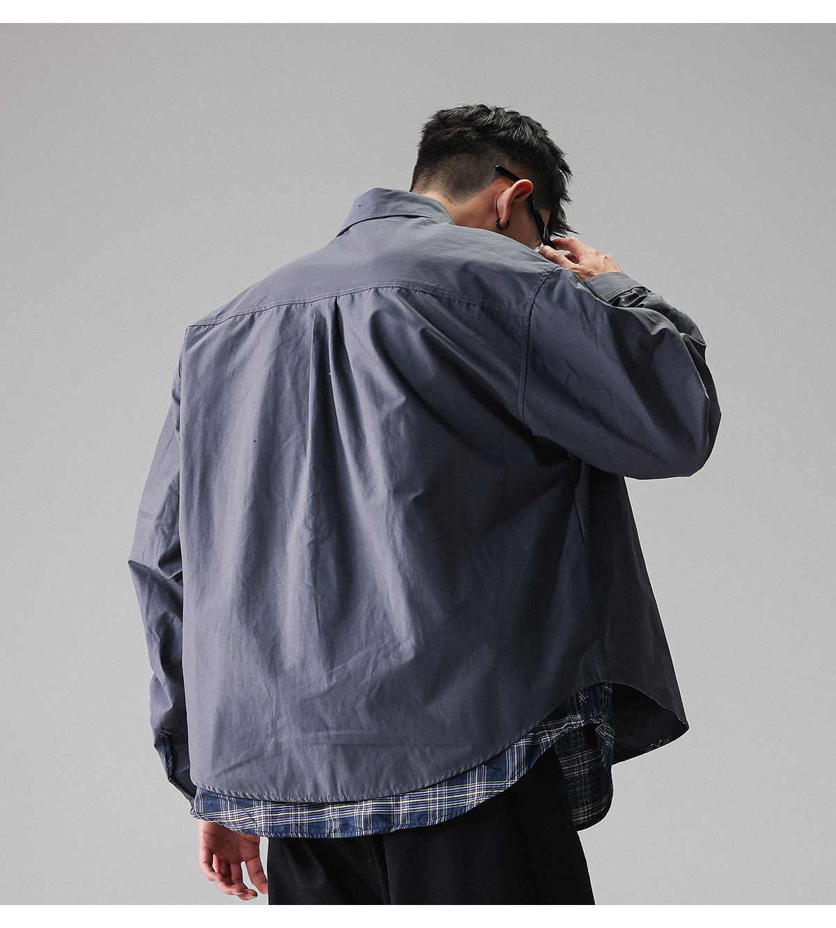 YS 工裝格子長袖假兩件襯衫 寬鬆外套 休閒穿搭