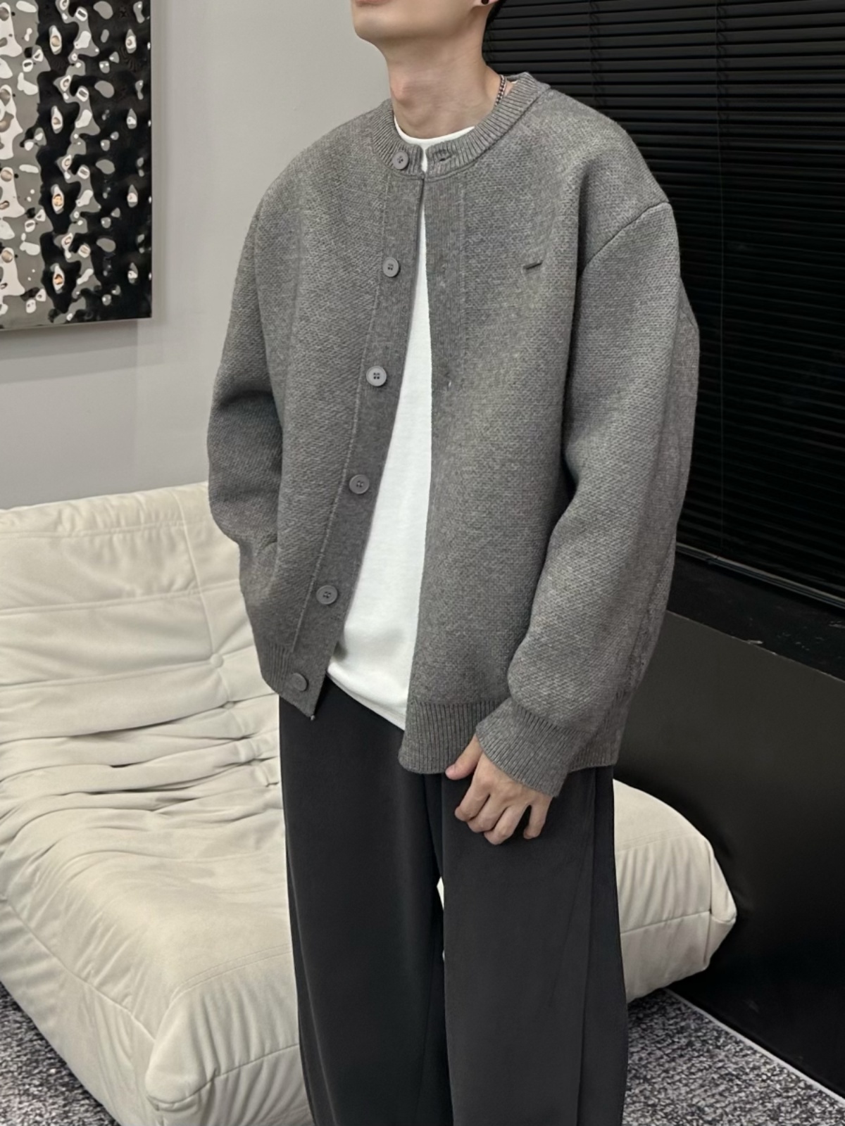 YS 男士毛衣外套 粗針織開衫 棒球領口 休閒慵懶風