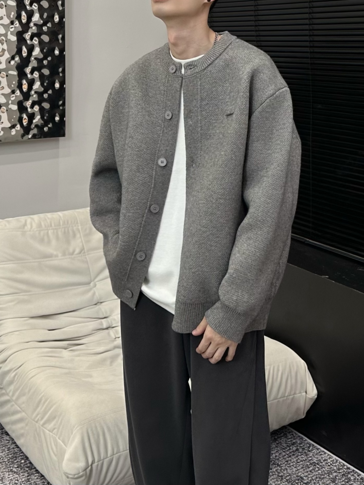 YS 男士毛衣外套 粗針織開衫 棒球領口 休閒慵懶風