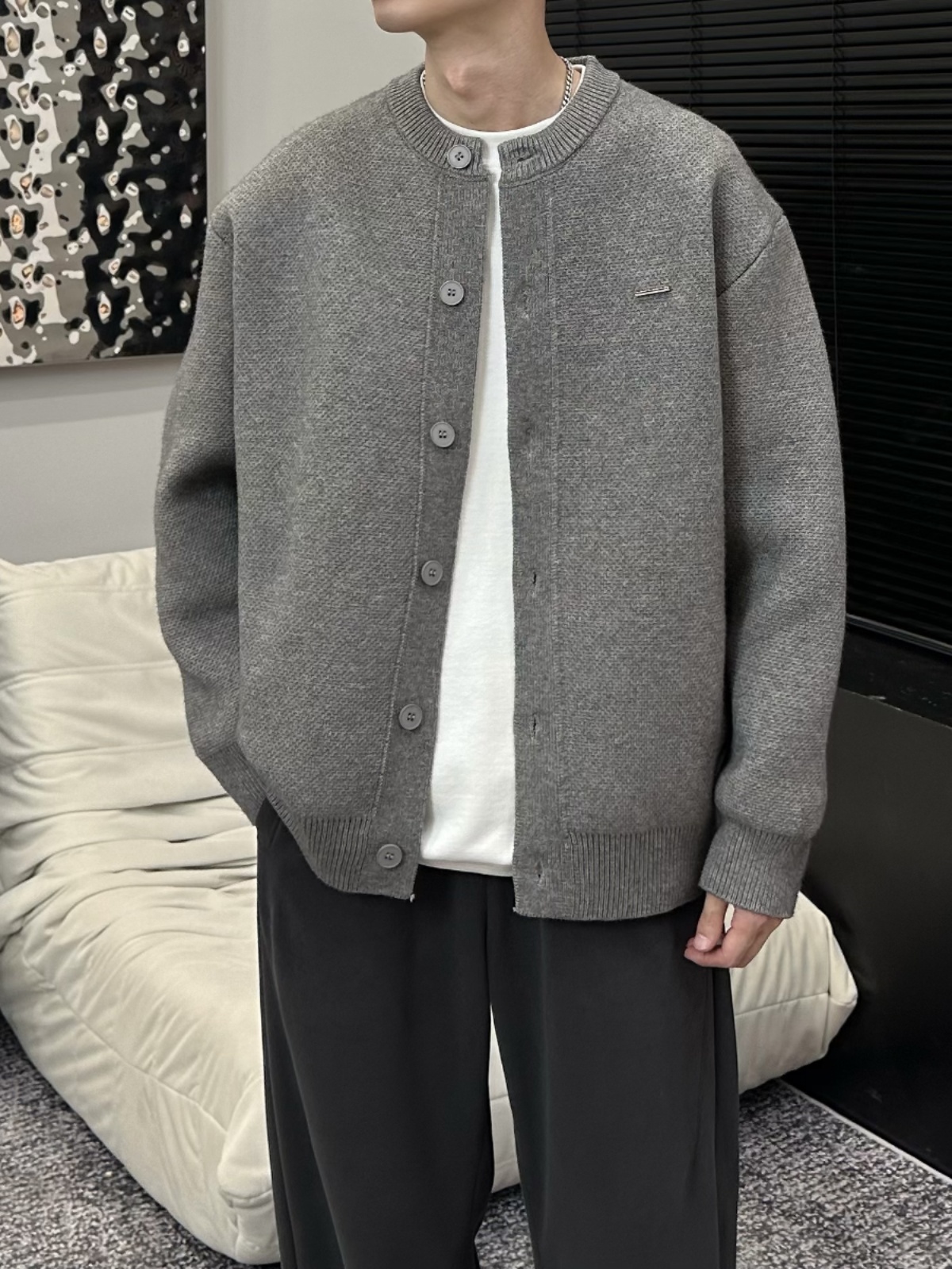 YS 男士毛衣外套 粗針織開衫 棒球領口 休閒慵懶風