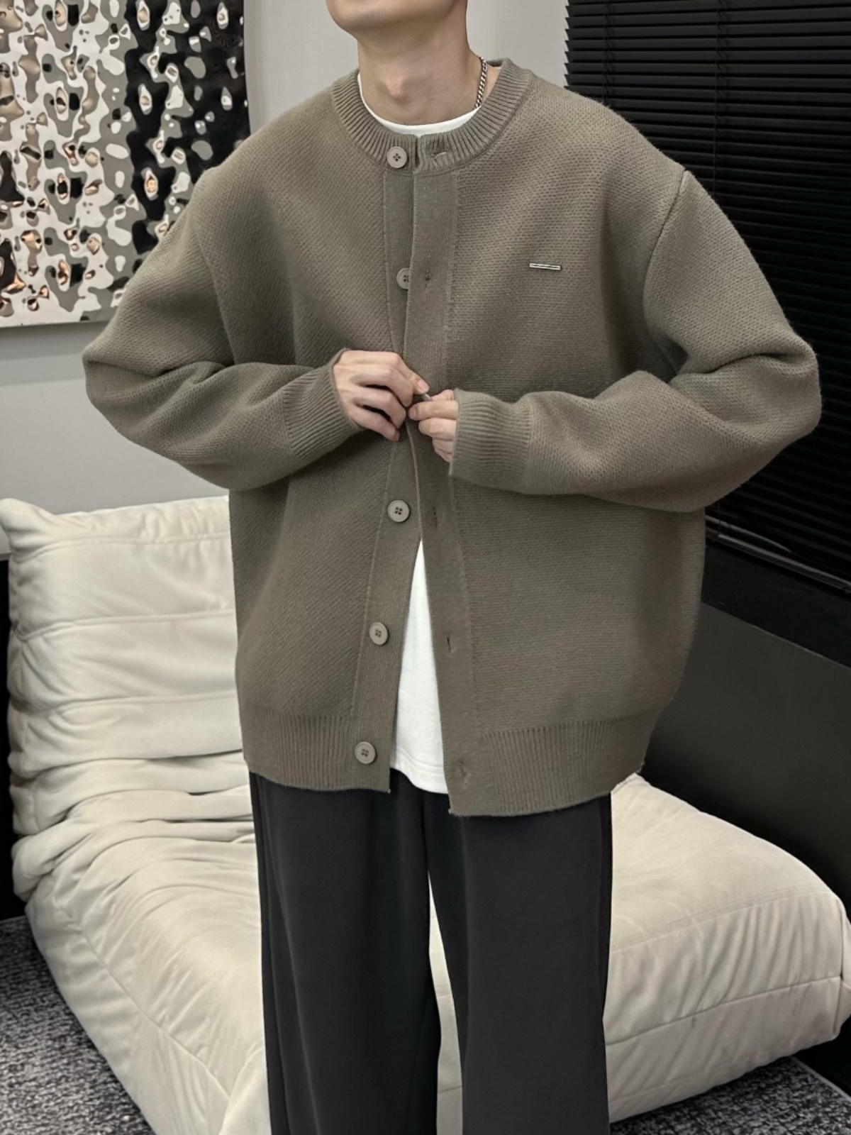 YS 男士毛衣外套 粗針織開衫 棒球領口 休閒慵懶風