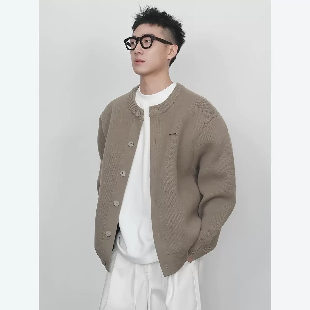 YS 男士毛衣外套 粗針織開衫 棒球領口 休閒慵懶風