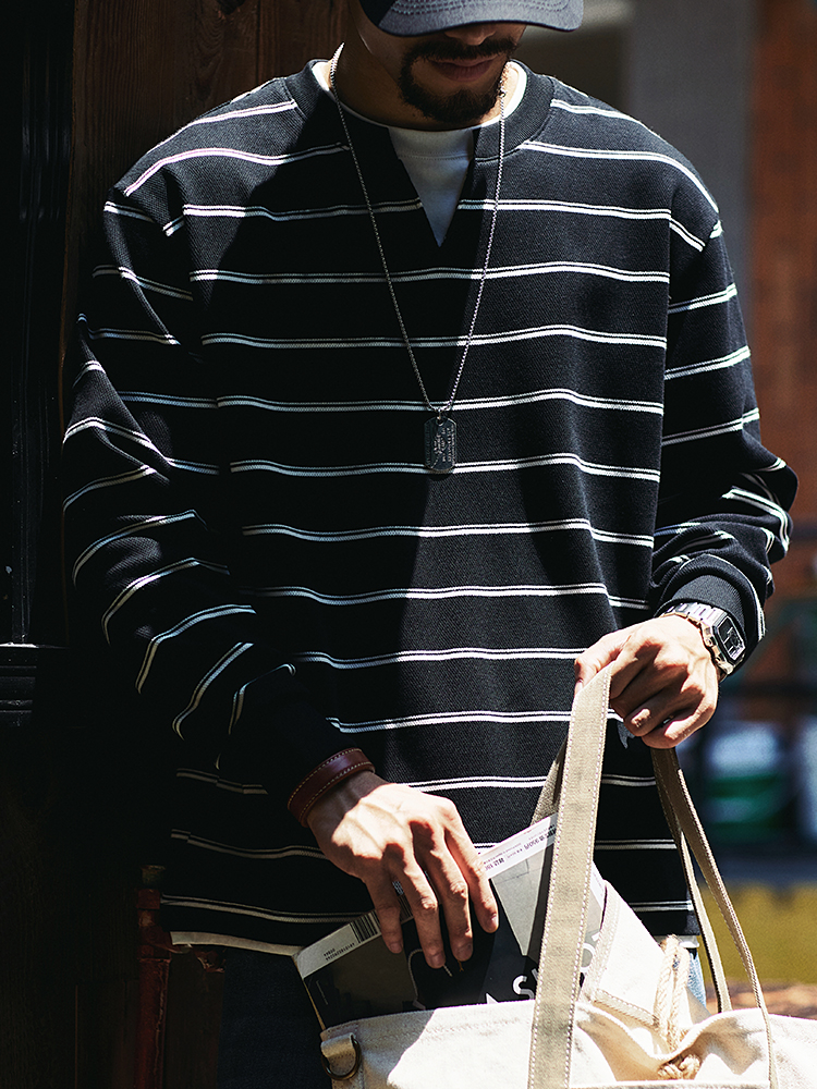 日式復古風 假兩件條紋衛衣 寬鬆圓領 休閒百搭