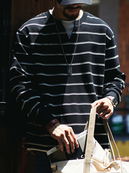 日式復古風 假兩件條紋衛衣 寬鬆圓領 休閒百搭