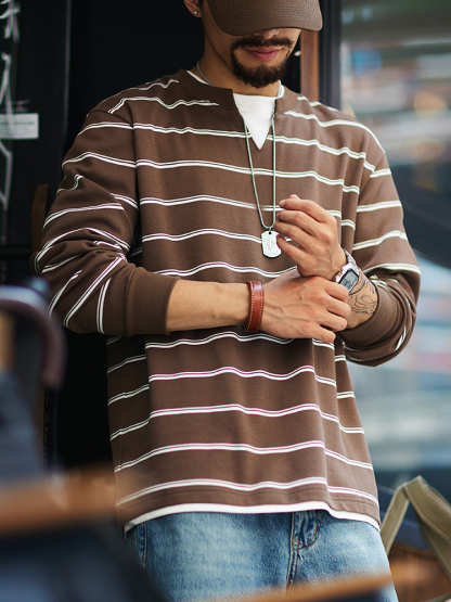 日式復古風 假兩件條紋衛衣 寬鬆圓領 休閒百搭