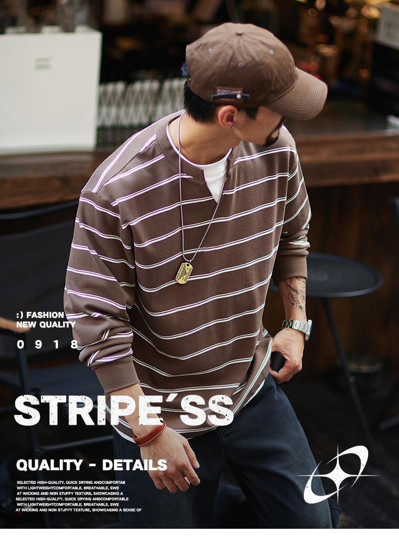 日式復古風 假兩件條紋衛衣 寬鬆圓領 休閒百搭