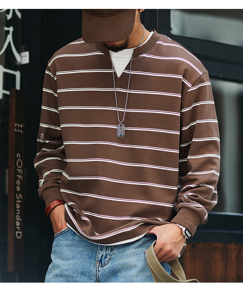 日式復古風 假兩件條紋衛衣 寬鬆圓領 休閒百搭