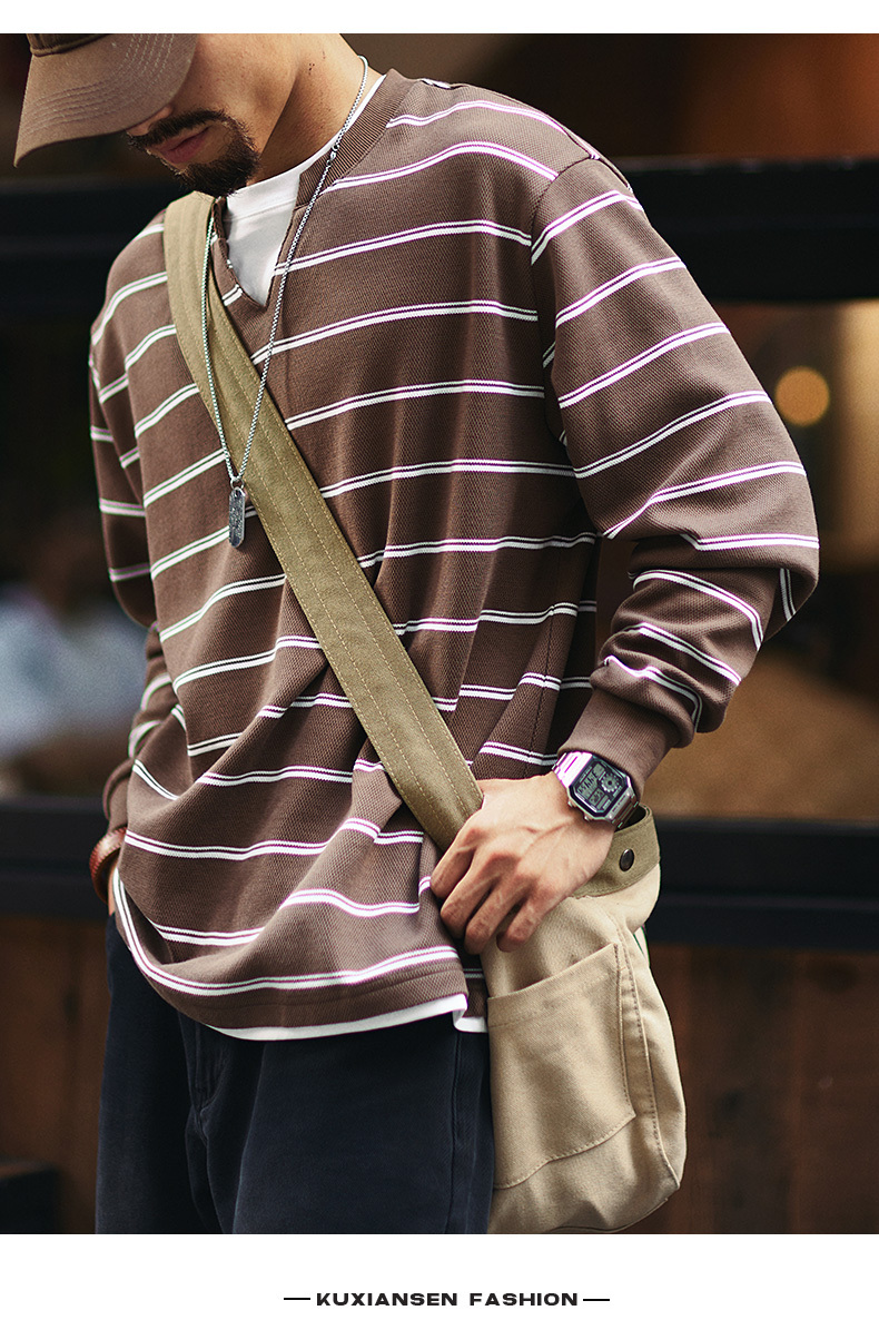 日式復古風 假兩件條紋衛衣 寬鬆圓領 休閒百搭