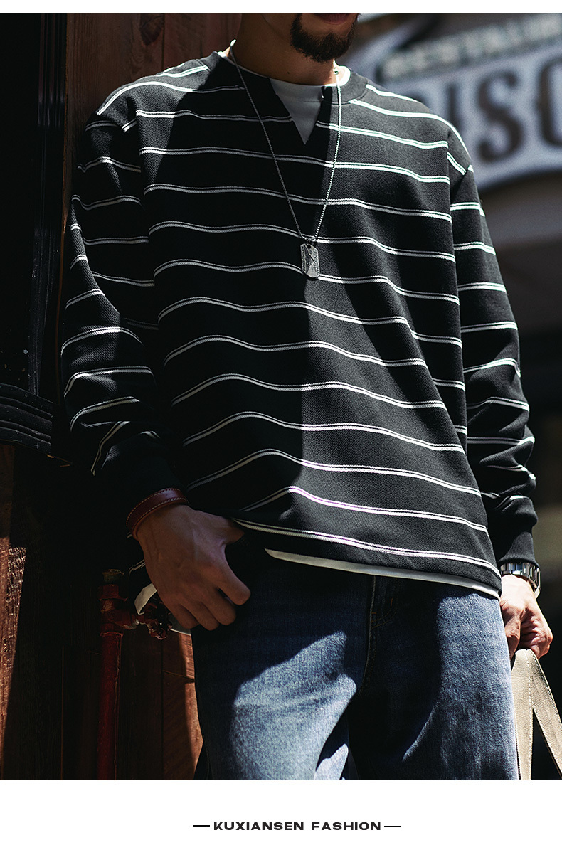 日式復古風 假兩件條紋衛衣 寬鬆圓領 休閒百搭