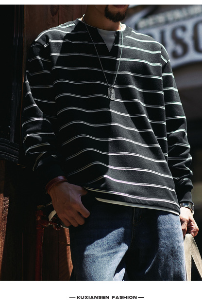 日式復古風 假兩件條紋衛衣 寬鬆圓領 休閒百搭