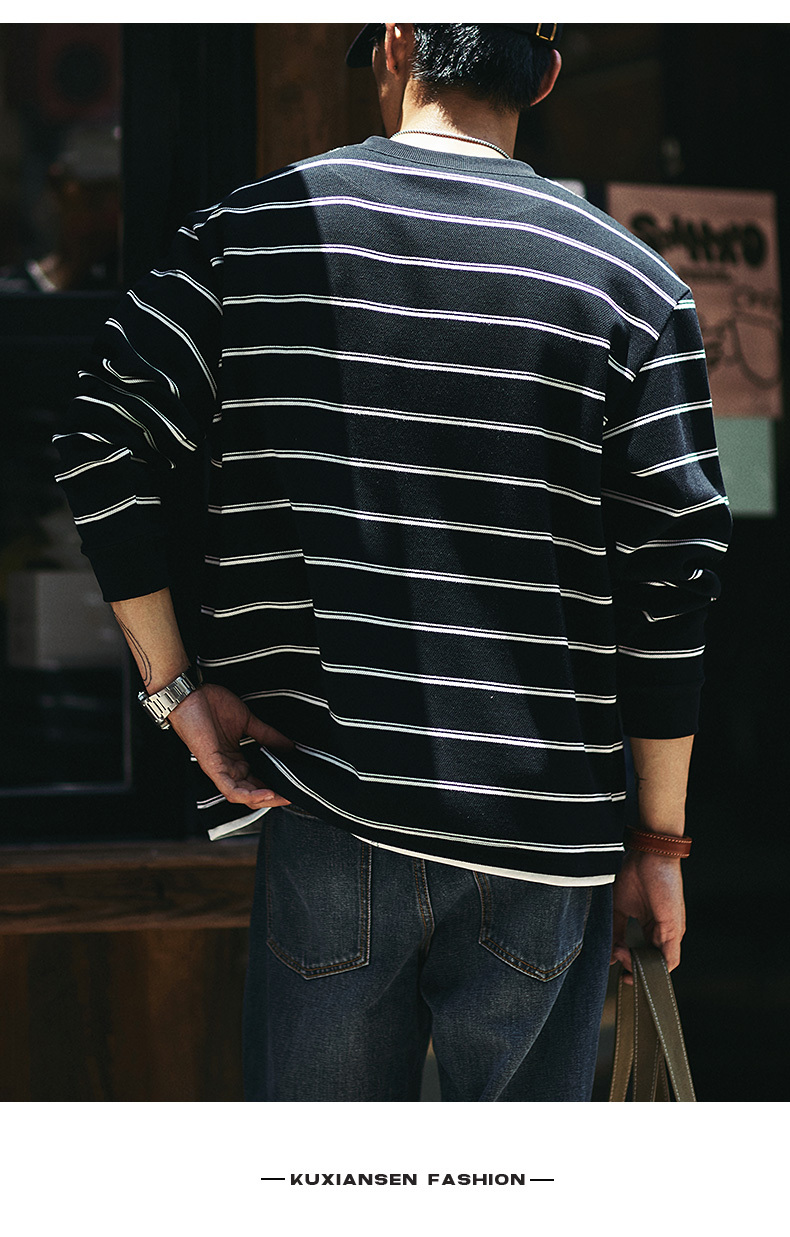 日式復古風 假兩件條紋衛衣 寬鬆圓領 休閒百搭
