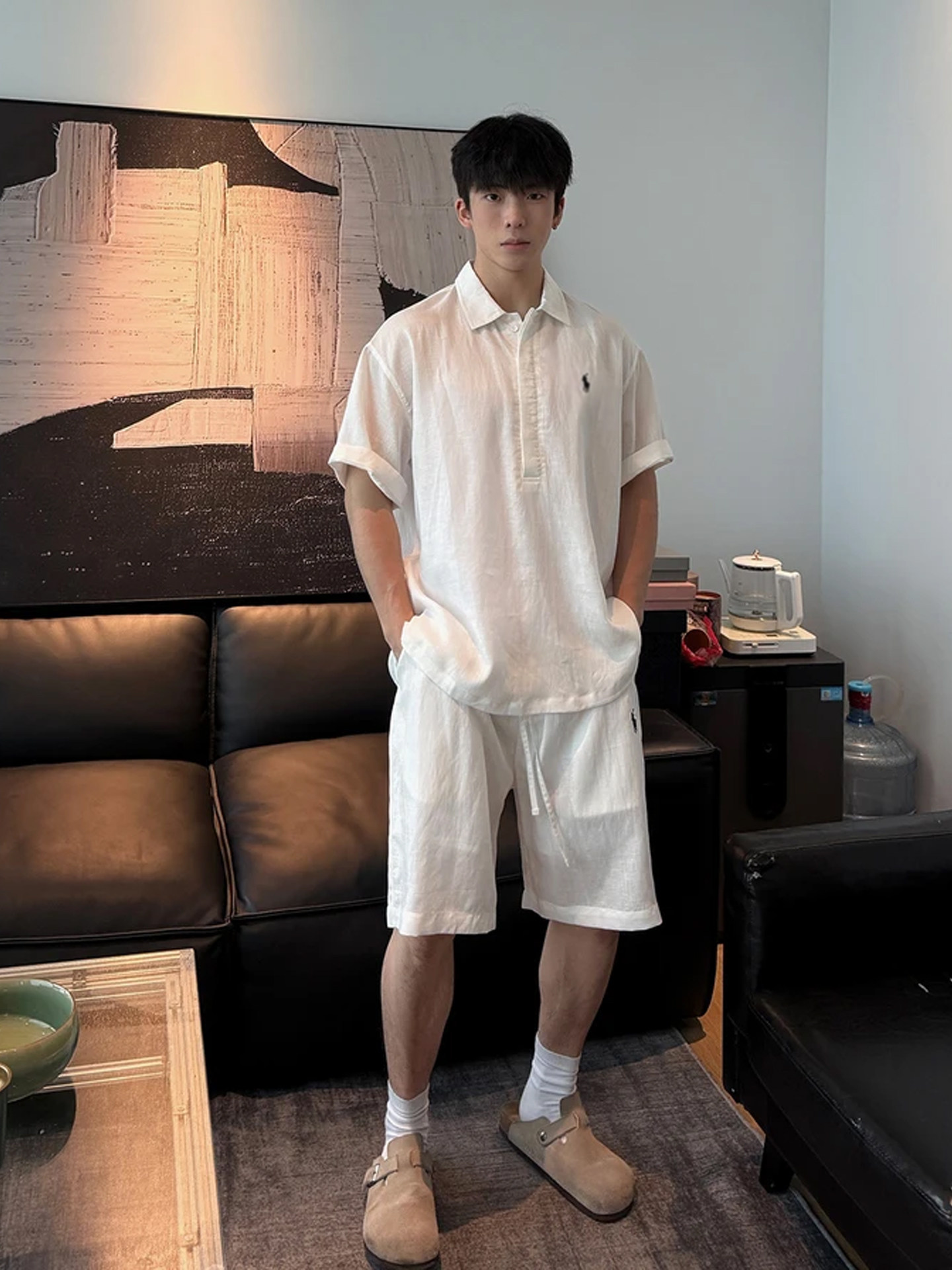 老錢風 亞麻套裝 小馬刺繡POLO衫+鬆緊腰短褲 ｜慵懶寬鬆