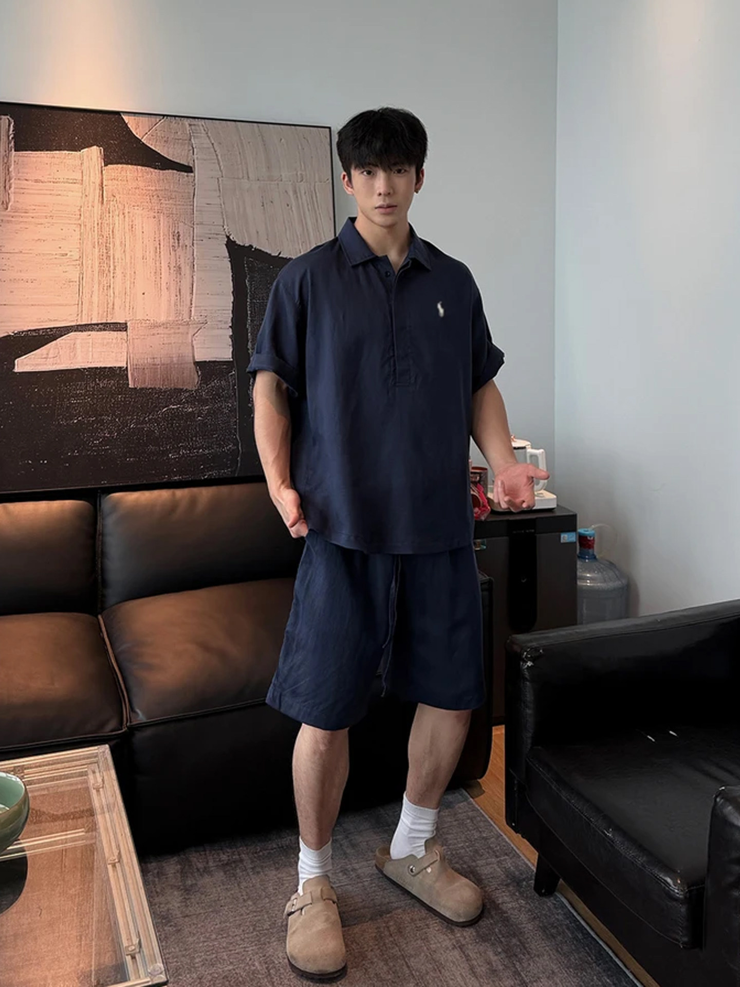 老錢風 亞麻套裝 小馬刺繡POLO衫+鬆緊腰短褲 ｜慵懶寬鬆