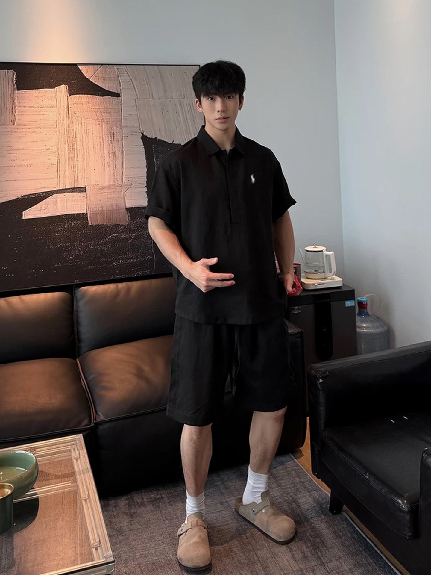 老錢風 亞麻套裝 小馬刺繡POLO衫+鬆緊腰短褲 ｜慵懶寬鬆