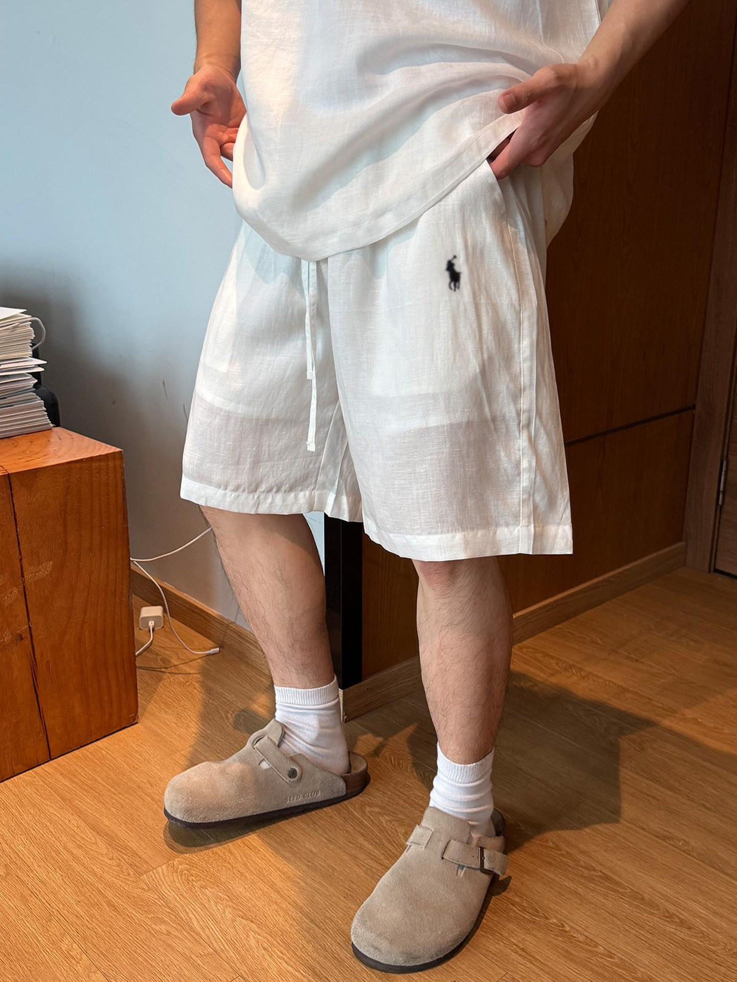 老錢風 亞麻套裝 小馬刺繡POLO衫+鬆緊腰短褲 ｜慵懶寬鬆