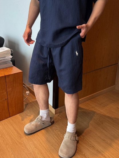老錢風 亞麻套裝 小馬刺繡POLO衫+鬆緊腰短褲 ｜慵懶寬鬆