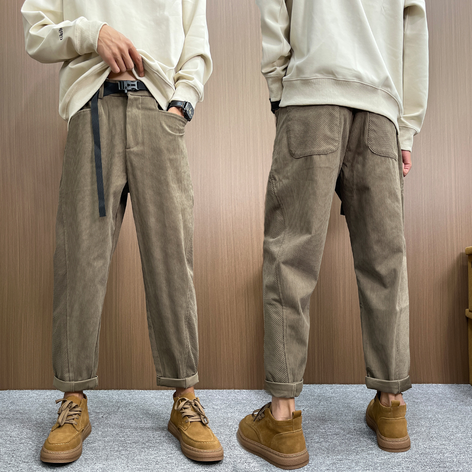 英倫風 秋冬款燈芯絨長褲 小腳設計 時尚休閒 直筒褲