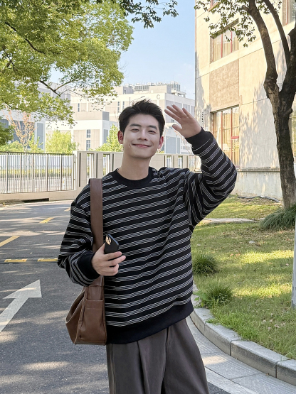 日系 重磅圓領條紋套頭衛衣 休閑寬鬆 經典百搭款