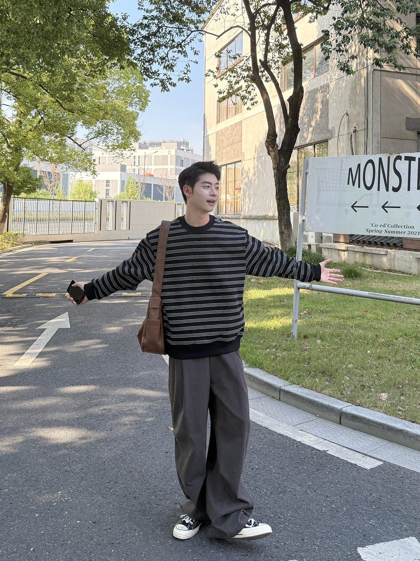 日系 重磅圓領條紋套頭衛衣 休閑寬鬆 經典百搭款