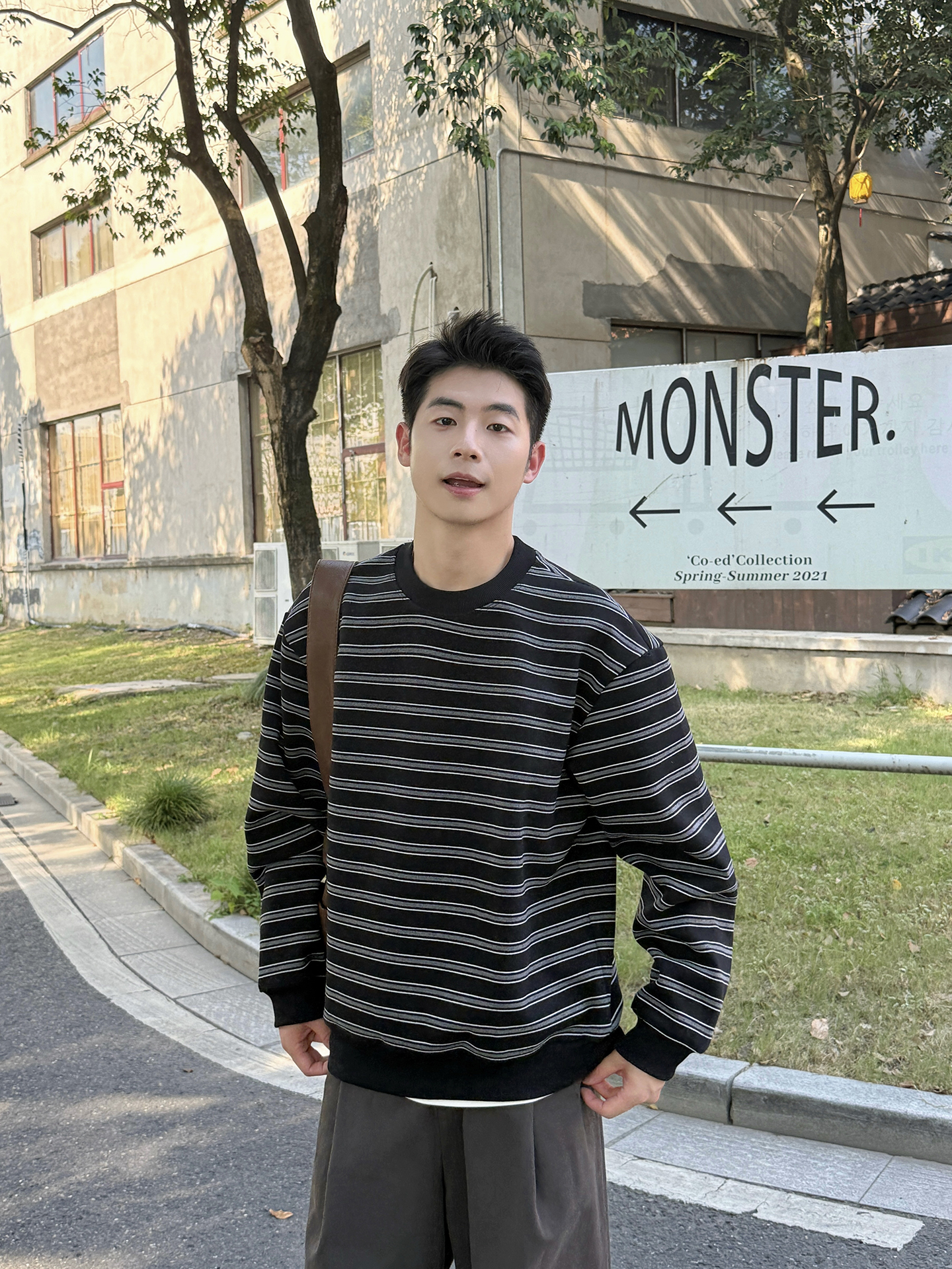 日系 重磅圓領條紋套頭衛衣 休閑寬鬆 經典百搭款