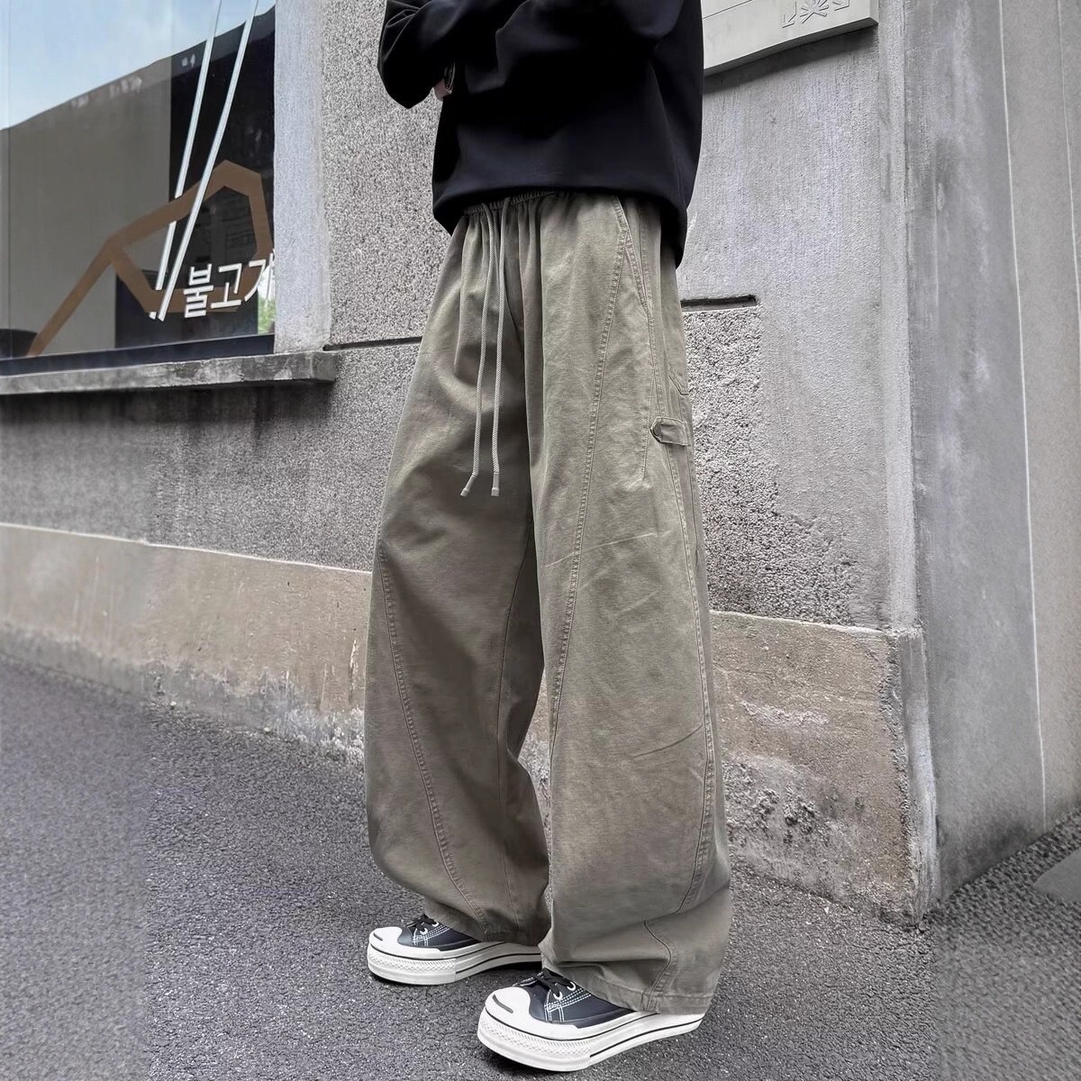 復古水洗棉 彎刀闊腿長褲 顯瘦顯高