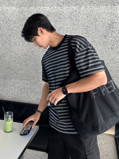 AS 純棉落肩TEE 條紋短袖｜寬鬆親膚日系感