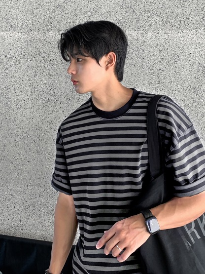 AS 純棉落肩TEE 條紋短袖｜寬鬆親膚日系感