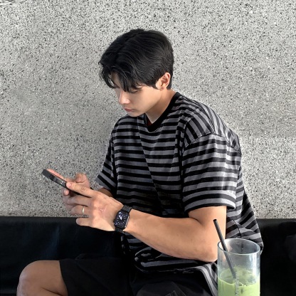 AS 純棉落肩TEE 條紋短袖｜寬鬆親膚日系感