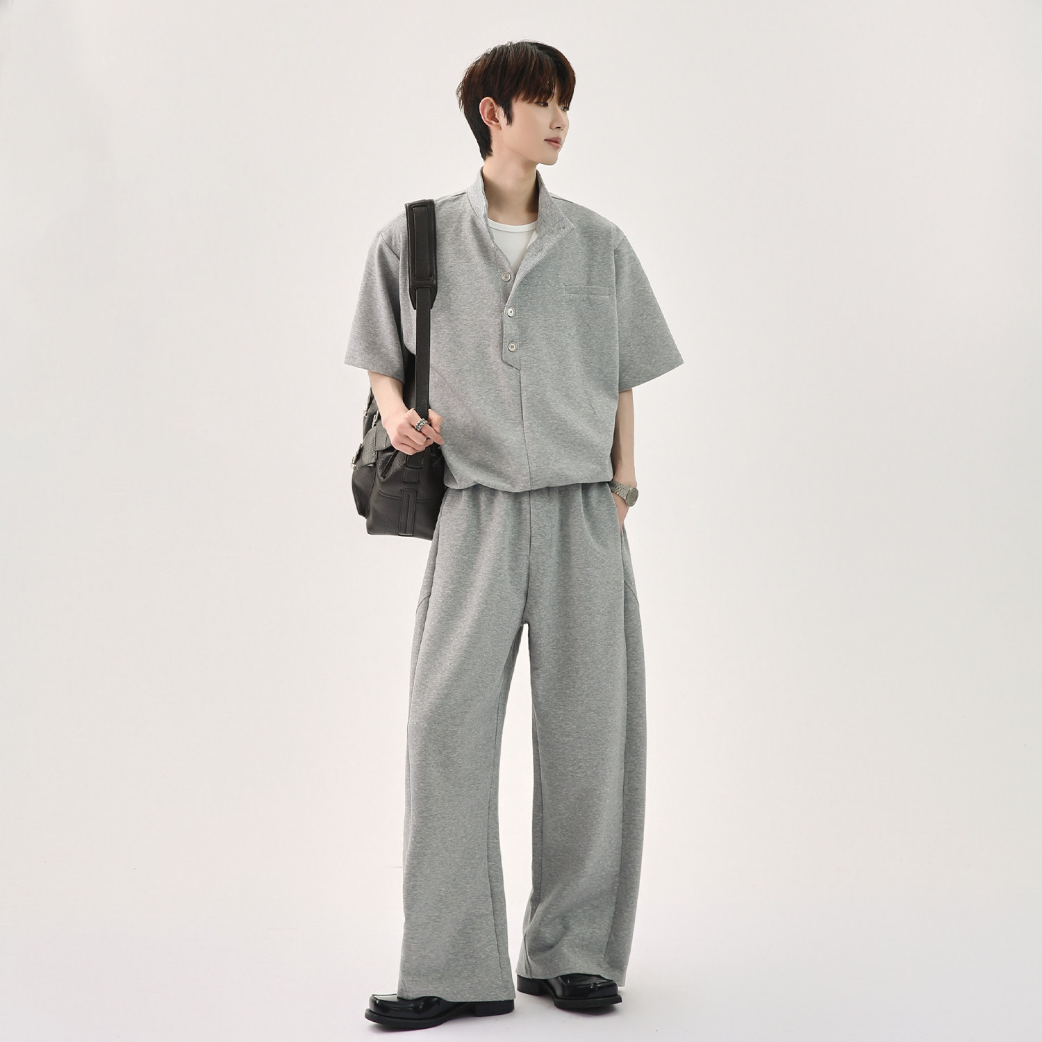 韓版休閒套裝 亨利領 短袖上衣+鬆緊腰休閒長褲｜寬鬆舒適
