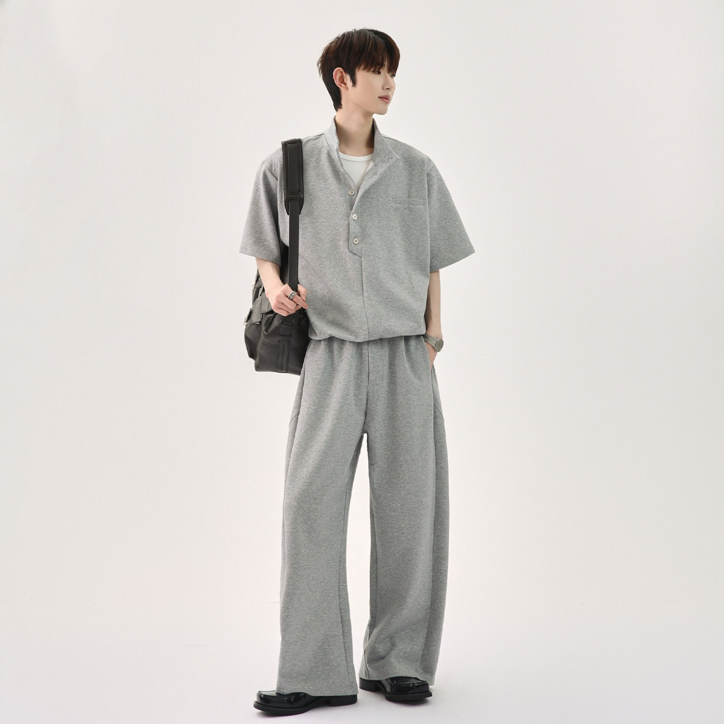 韓版休閒套裝 亨利領 短袖上衣+鬆緊腰休閒長褲｜寬鬆舒適
