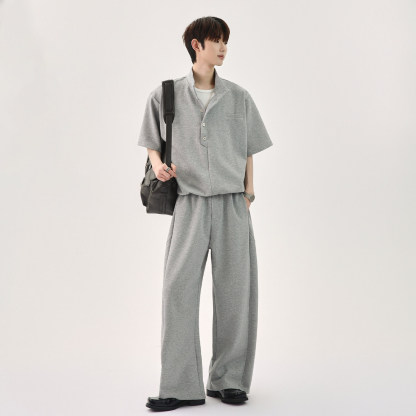 韓版休閒套裝 亨利領 短袖上衣+鬆緊腰休閒長褲｜寬鬆舒適