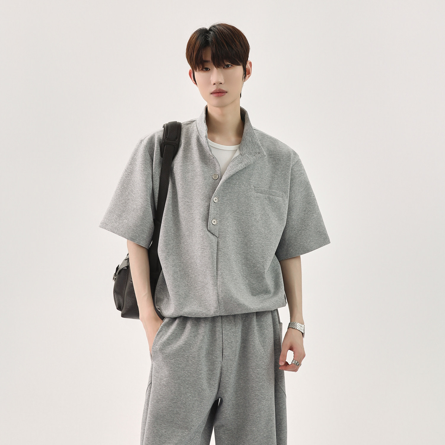 韓版休閒套裝 亨利領 短袖上衣+鬆緊腰休閒長褲｜寬鬆舒適