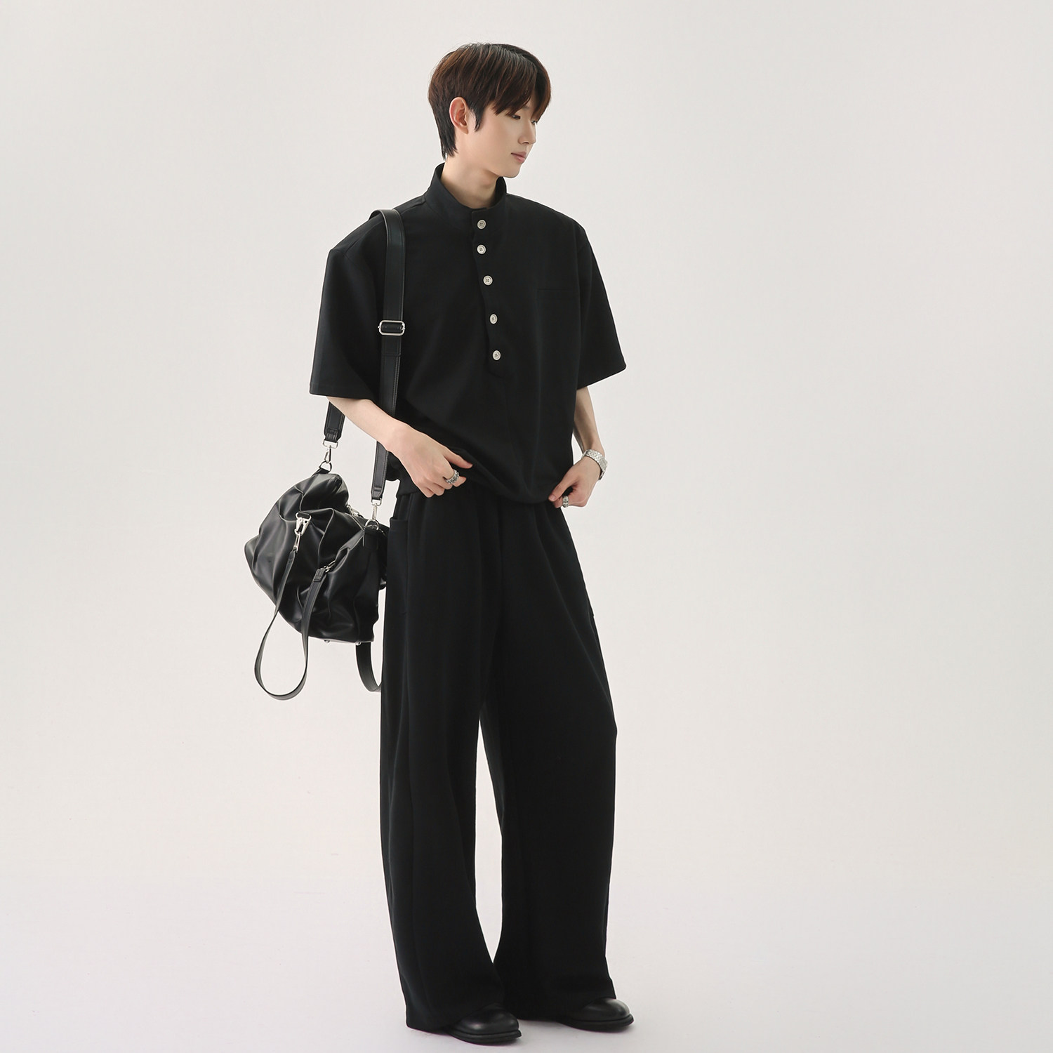 韓版休閒套裝 亨利領 短袖上衣+鬆緊腰休閒長褲｜寬鬆舒適