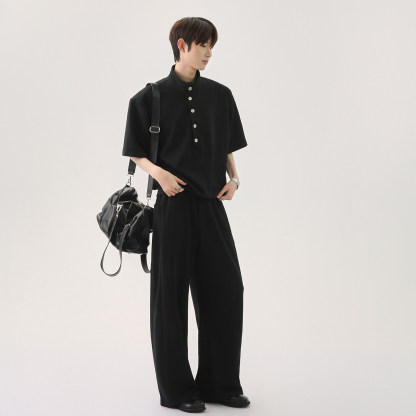 韓版休閒套裝 亨利領 短袖上衣+鬆緊腰休閒長褲｜寬鬆舒適
