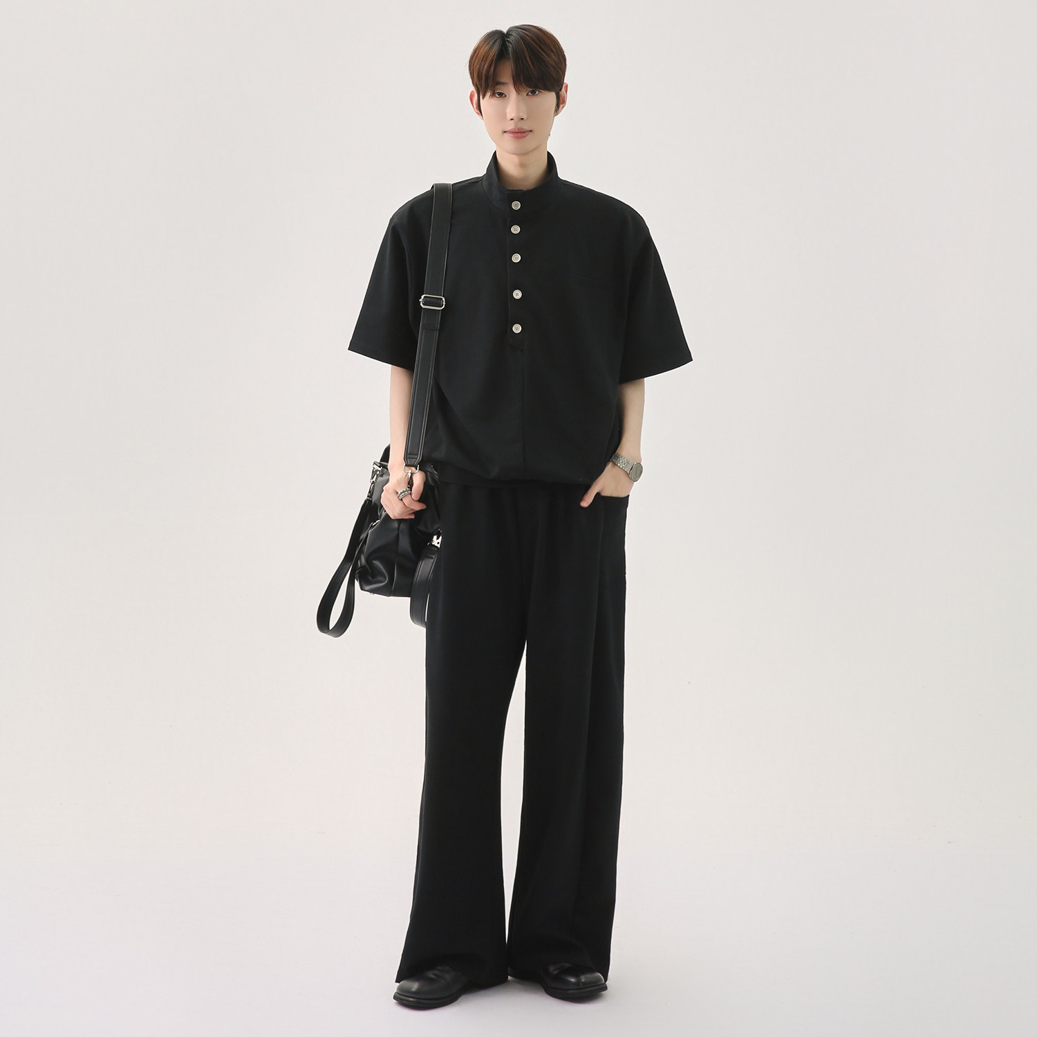 韓版休閒套裝 亨利領 短袖上衣+鬆緊腰休閒長褲｜寬鬆舒適