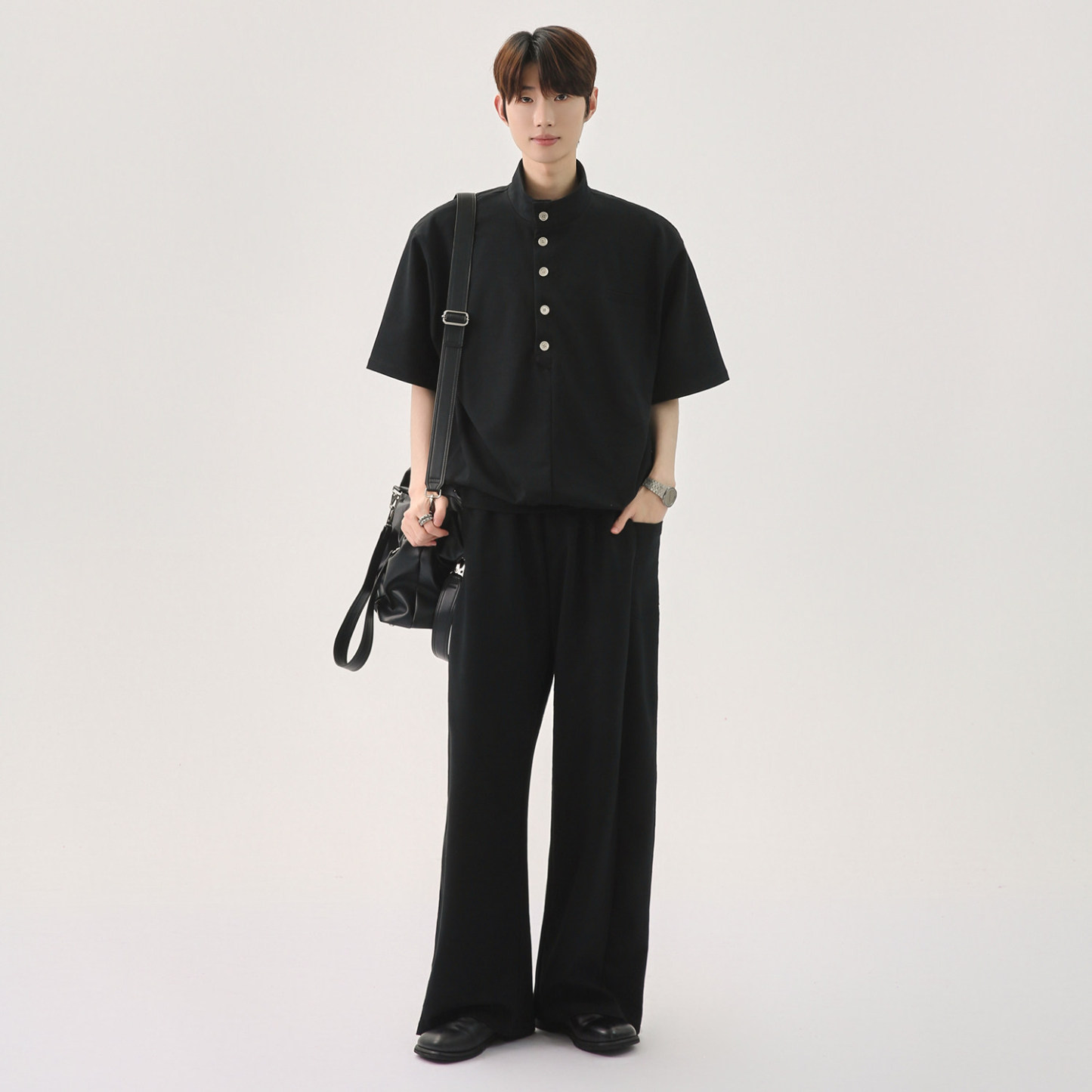 韓版休閒套裝 亨利領 短袖上衣+鬆緊腰休閒長褲｜寬鬆舒適