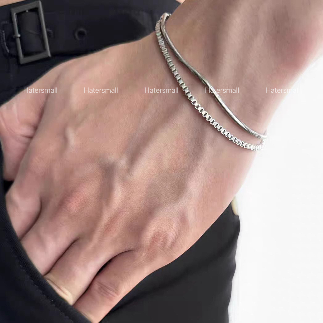 HT 男士鈦鋼手鏈 蛇骨方形手鏈 雙層鏈｜小眾高級穿搭配飾
