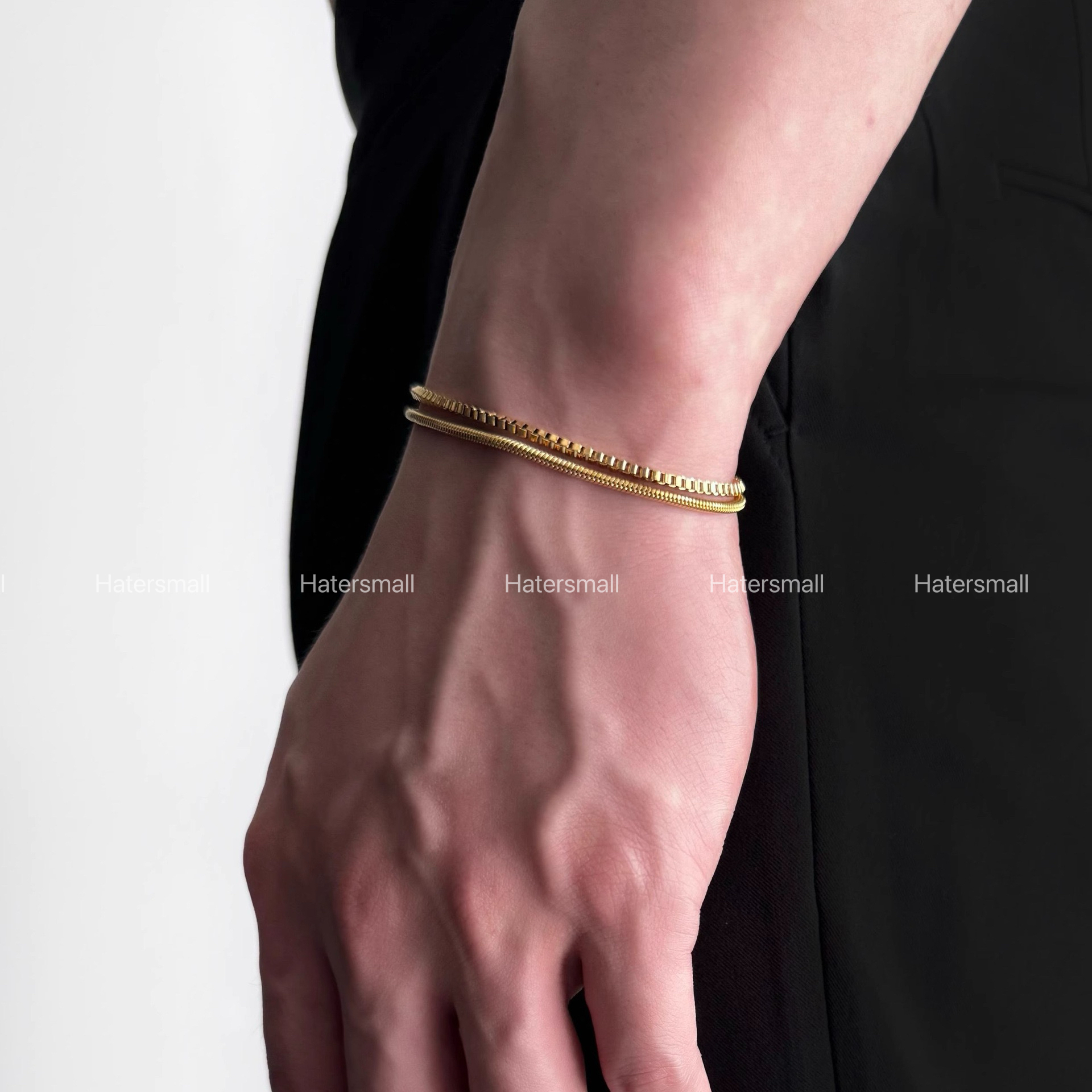 HT 男士鈦鋼手鏈 蛇骨方形手鏈 雙層鏈｜小眾高級穿搭配飾