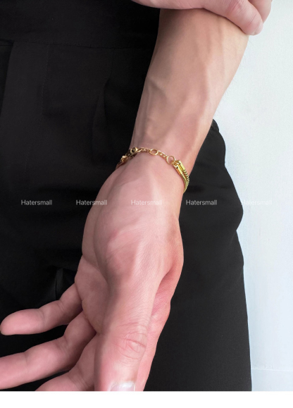 HT 男士鈦鋼手鏈 蛇骨方形手鏈 雙層鏈｜小眾高級穿搭配飾