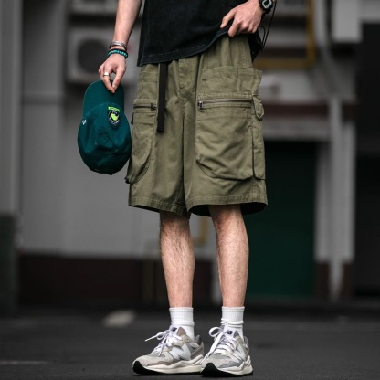 日系復古拉鍊工裝短褲 寬鬆直筒五分褲 多口袋