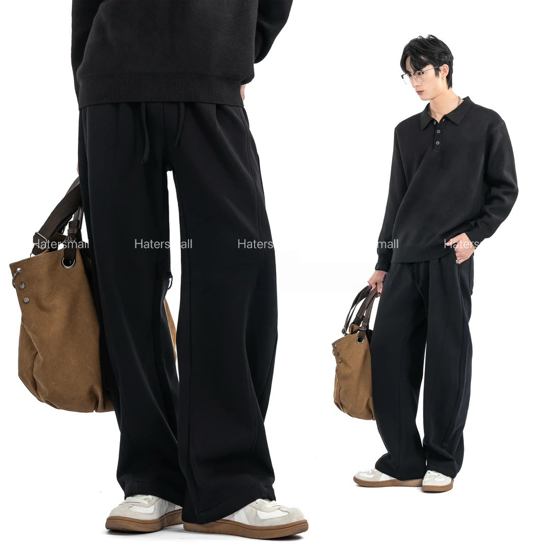 【巨好穿】秋冬美式重磅休閒褲 彎刀抽繩設計 直筒寬鬆 垂感十足｜鬆緊褲腰設計