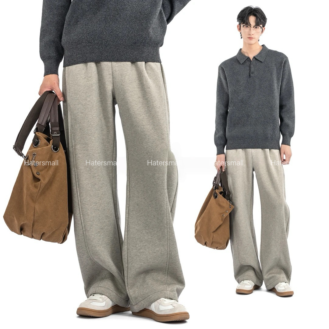 【巨好穿】秋冬美式重磅休閒褲 彎刀抽繩設計 直筒寬鬆 垂感十足｜鬆緊褲腰設計